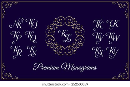 Vintage monogram design template with combinations of capital letters KN KO KP KQ KR KS KT KU KV KW KX KY KZ. Vector illustration.