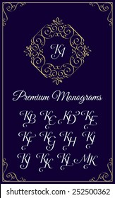 Vintage monogram design template with combinations of capital letters KA KB KC KD KE KF KG KH KI KJ KK KL KM. Vector illustration.