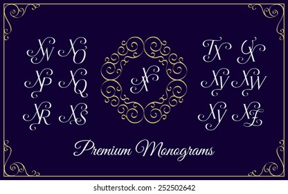 Vintage monogram design template with combinations of capital letters XN XO XP XQ XR XS XT XU XV XW XX XY XZ. Vector illustration.