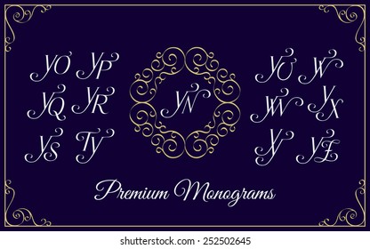 Vintage monogram design template with combinations of capital letters YN YO YP YQ YR YS YT YU YV YW YX YY YZ. Vector illustration.