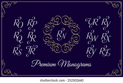 Vintage monogram design template with combinations of capital letters RN RO RP RQ RR RS RT RU RV RW RX RY RZ. Vector illustration.