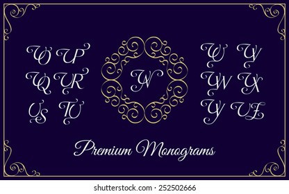 Vintage monogram design template with combinations of capital letters UN UO UP UQ UR US UT UU UV UW UX UY UZ. Vector illustration.