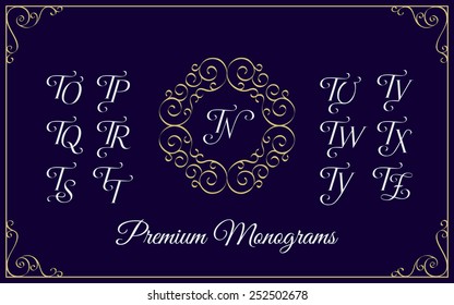 Vintage monogram design template with combinations of capital letters TN TO TP TQ TR TS TT TU TV TW TX TY TZ. Vector illustration.