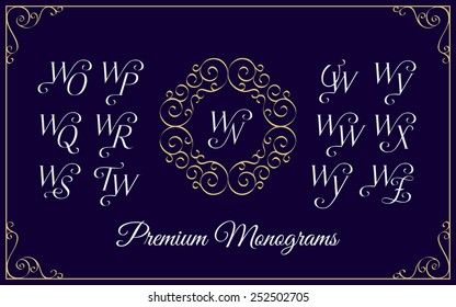 Vintage monogram design template with combinations of capital letters WN WO WP WQ WR WS WT WU WV WW WX WY WZ. Vector illustration.