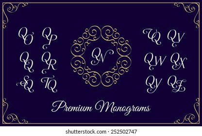 Vintage monogram design template with combinations of capital letters QN QO QP QQ QR QS QT QU QV QW QX QY QZ. Vector illustration.