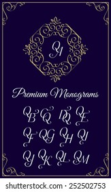 Vintage monogram design template with combinations of capital letters QA QB QC QD QE QF QG QH QI QJ QK QL QM. Vector illustration.