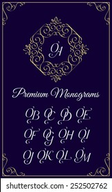 Vintage monogram design template with combinations of capital letters OA OB OC OD OE OF OG OH OI OJ OK OL OM. Vector illustration.