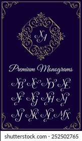 Vintage monogram design template with combinations of capital letters XA XB XC XD XE XF XG XH XI XJ XK XL XM. Vector illustration.