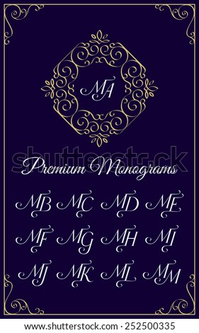 Vintage monogram design template with combinations of capital letters MA MB MC MD ME MF MG MH MI MJ MK ML MM. Vector illustration. Imagine de stoc © 