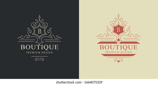 Vintage Monogram. Flourishes Logo. Graceful Line Art Ornament. Elegant Crest. Luxury Classic Template Design For Restaurant, Boutique, Hotel, Wedding Invitation, Certificate, Wine. Vector Illustration