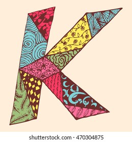 Vintage monogram K. Doodle colorful alphabet character with patterns. Bright ABC, vector illustration
