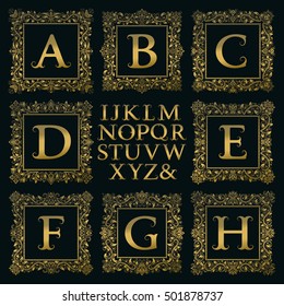 Vintage monogram kit. Golden letters and floral square frames for creating initial logo in victorian style.