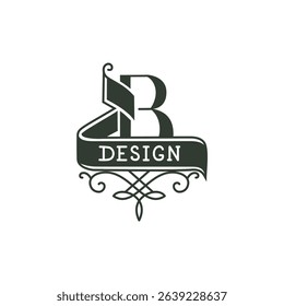 Vintage monogram with letter B and ribbon banner inscription "DESIGN". Decorative emblem with flourishes. Ideal for branding, boutique, packaging or retro-style identity. Vector illustration.