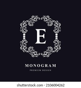 Vintage monogram with letter E. Calligraphic art  Logo. luxurious Drawn Emblem for Book Design, Brand Name, Business Card, Jewelry, Restaurant, Boutique. Creative Floral Template. Vector illustration