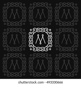 Vintage monogram with letter M. Retro, calligraphy frame, pattern. Vector