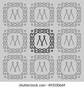 Vintage monogram with letter M. Retro, calligraphy frame, pattern. Vector