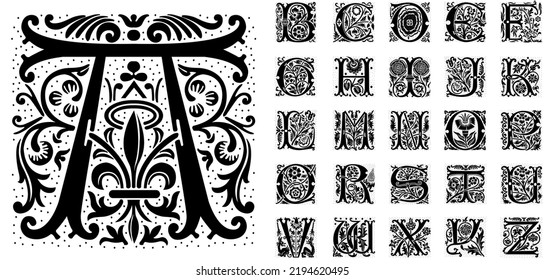 Vintage monogram letters. Renaissance or victorian engraved initial abc. Isolated vector symbols set
