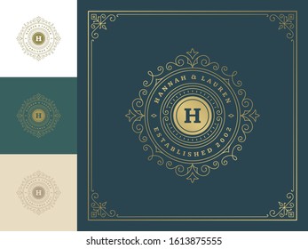 Vintage monogram logo elegant flourishes line art graceful ornaments victorian style vector template design. Classic calligraphic luxury crest royal heraldic boutique, restaurant sign and ornate frame