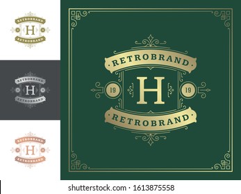 Vintage monogram logo elegant flourishes line art graceful ornaments victorian style vector template design. Classic calligraphic luxury crest royal heraldic boutique, restaurant sign and ornate frame