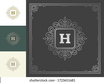 Vintage monogram logo elegant flourishes line art graceful ornaments victorian style vector template design. Classic calligraphic luxury crest royal heraldic boutique, restaurant sign and ornate frame