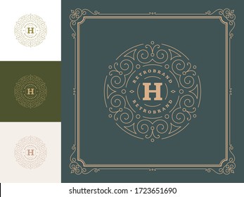 Vintage monogram logo elegant flourishes line art graceful ornaments victorian style vector template design. Classic calligraphic luxury crest royal heraldic boutique, restaurant sign and ornate frame