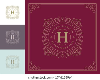 Vintage monogram logo elegant flourishes line art graceful ornaments victorian style vector template design. Classic calligraphic luxury crest royal heraldic boutique, restaurant sign and ornate frame