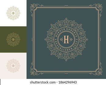 Vintage monogram logo elegant flourishes line art graceful ornaments victorian style vector template design. Classic calligraphic luxury crest royal heraldic boutique, restaurant sign and ornate frame