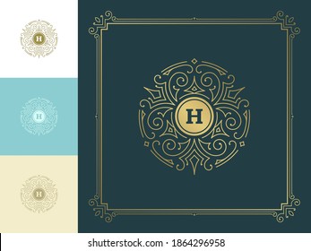 Vintage monogram logo elegant flourishes line art graceful ornaments victorian style vector template design. Classic calligraphic luxury crest royal heraldic boutique, restaurant sign and ornate frame