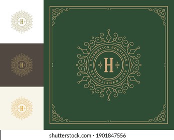 Vintage monogram logo elegant flourishes line art graceful ornaments victorian style vector template design. Classic calligraphic luxury crest royal heraldic boutique, restaurant sign and ornate frame