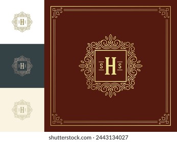 Vintage monogram logo elegant flourishes line art graceful ornaments victorian style vector template design. Classic calligraphic luxury crest royal heraldic boutique, restaurant sign and ornate frame