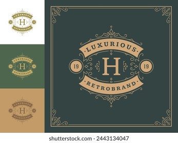 Vintage monogram logo elegant flourishes line art graceful ornaments victorian style vector template design. Classic calligraphic luxury crest royal heraldic boutique, restaurant sign and ornate frame