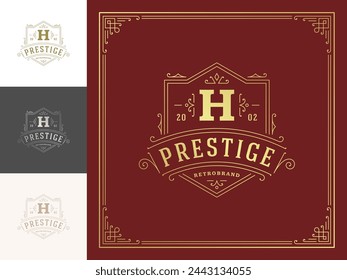 Vintage monogram logo elegant flourishes line art graceful ornaments victorian style vector template design. Classic calligraphic luxury crest royal heraldic boutique, restaurant sign and ornate frame