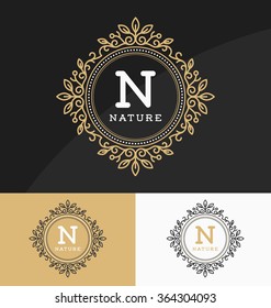 Vintage monogram logo template with circle frame and flourishes line ornament. Design with letter for cafe, tags, labels, shop, store, restaurant, boutique, resort, spa, hotel, fashion and etc.