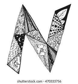 Vintage monogram N. Doodle alphabet character with patterns or coloring book page. Black ABC, vector illustration
