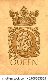 Monograma vintage con una letra inicial ornamentada Q, corona dibujada a mano y reina de inscripción. Hermosa letra mayúscula Q con decoraciones barrocas sobre un fondo de papel antiguo.