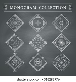 Vintage monogram set on chalkboard background. Vector emblems for calligraphic luxury logos and retro ornamental design.