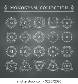 Vintage monogram set on chalkboard background. Vector emblems for calligraphic luxury logos and retro ornamental design.