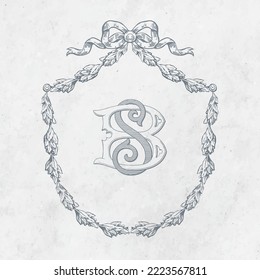 Vintage Monogram Wedding Wreath Monogram Logo Interlock - Sketched - monogrammed - SB initial two letter monogram. Ancient type wedding crest