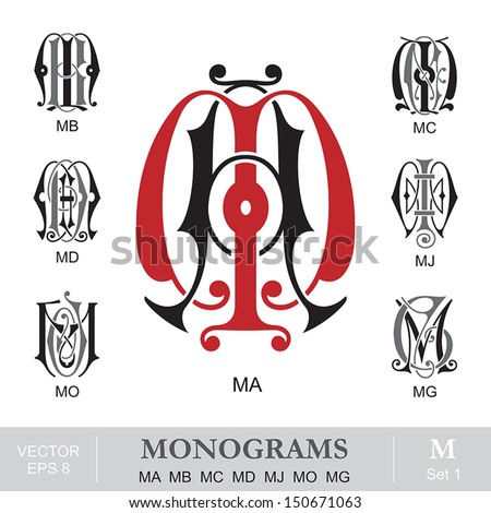 Vintage Monograms MA MB MC MD MJ MO MG Imagine de stoc © 