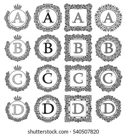 Vintage monograms set of A, B, C, D letter. Heraldic coats of arms in wreaths, round and square frames. Black symbols on white.