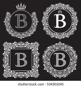 Vintage monograms set of B letter. Heraldic coats of arms in wreaths, round and square frames. White symbols on black.