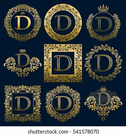 Vintage monograms set of D letter. Golden heraldic logos in wreaths, round and square frames.