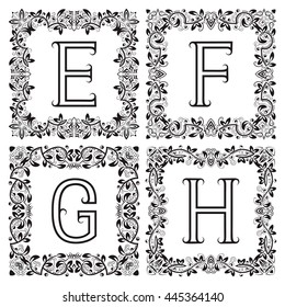 Vintage monograms set. E, F, G, H outline letters in square floral frames.
