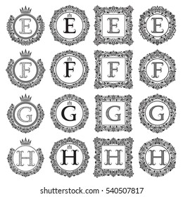 Vintage monograms set of E, F, G, H letter. Heraldic coats of arms in wreaths, round and square frames. Black symbols on white.