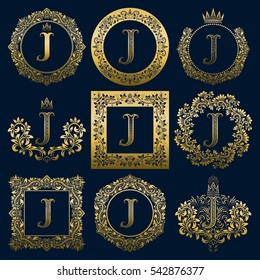Vintage monograms set of J letter. Golden heraldic logos in wreaths, round and square frames.