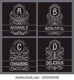 Vintage monograms set for label design. A, B, C, D letters in ornamental frames with text fields.