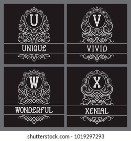 Vintage monograms set for label design. U, V, W, X letters in ornamental frames with text fields.