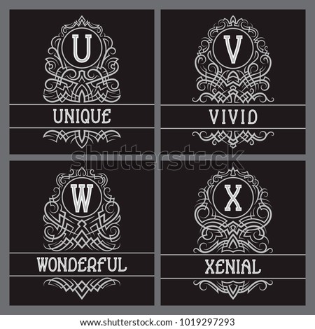 Vintage monograms set for label design. U, V, W, X letters in ornamental frames with text fields.