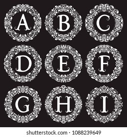 Vintage monograms set of letters from A to I in round patterned frames. Isolated elements for logo design.
