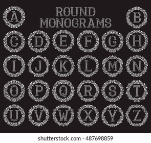 Vintage monograms set. Letters in round floral frames.
